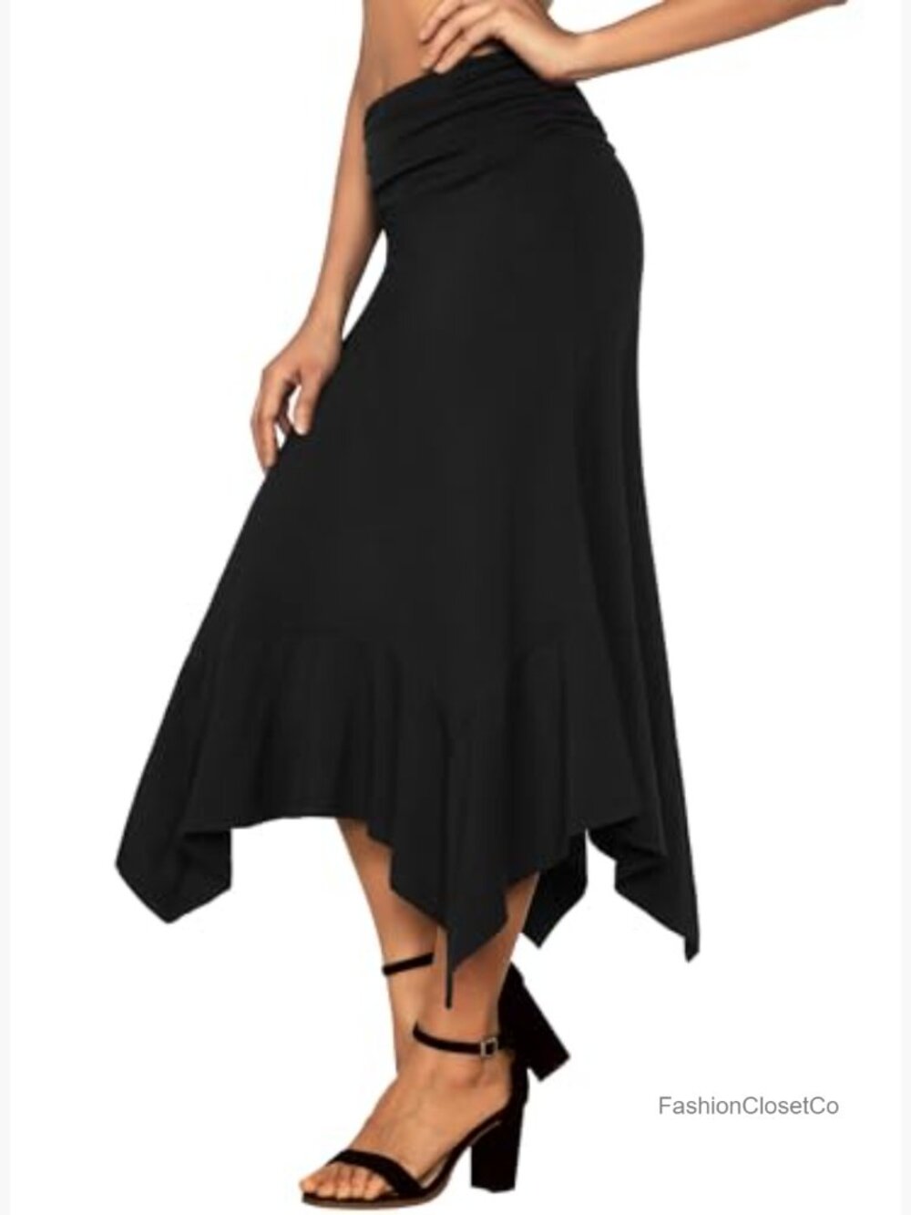 Flowy Handkerchief Hemline Midi Skirt - Ruched Elastic Waist - Picture 4 of 7